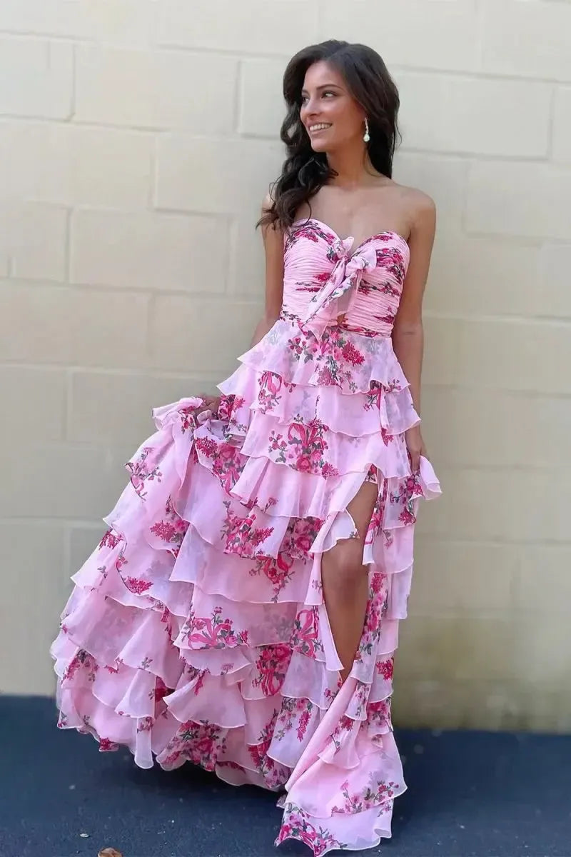 Floral Sweetheart Long Ruffled Chiffon Prom Dress With Slit Formal Evening Gown