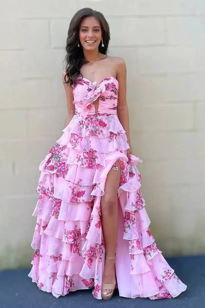 Floral Sweetheart Long Ruffled Chiffon Prom Dress With Slit Formal Evening Gown