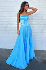 Dressystars Blue Flowing Chiffon Strapless Corset Prom Dress With Bow Bodice Formal Evening Gown