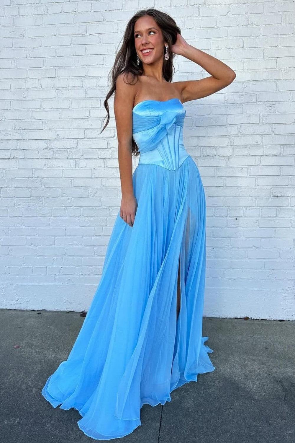 Dressystars Blue Flowing Chiffon Strapless Corset Prom Dress With Bow Bodice Formal Evening Gown