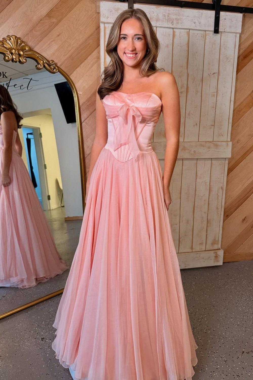 Dressystars Blue Flowing Chiffon Strapless Corset Prom Dress With Bow Bodice Formal Evening Gown