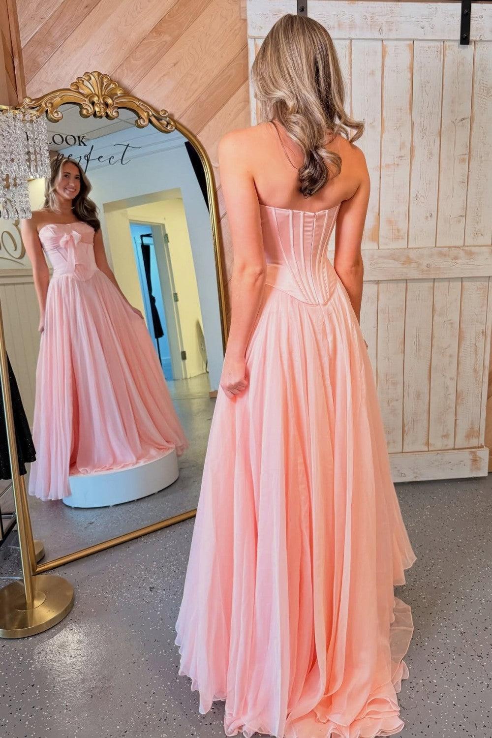 Dressystars Blue Flowing Chiffon Strapless Corset Prom Dress With Bow Bodice Formal Evening Gown