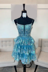 Blue Homecoming Dress A Line Corset Tiered Short Prom Dress