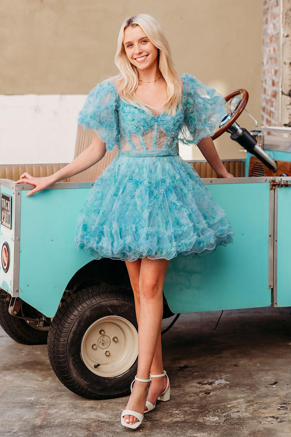 Blue Homecoming Dress Corset Off The Shoulder Floral A-Line Short Cocktail Dresses