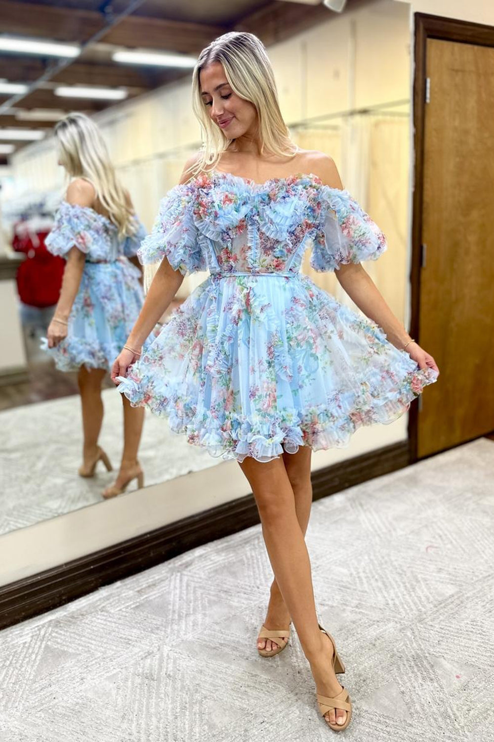 Blue Homecoming Dress Corset Off The Shoulder Floral A-Line Short Cocktail Dresses
