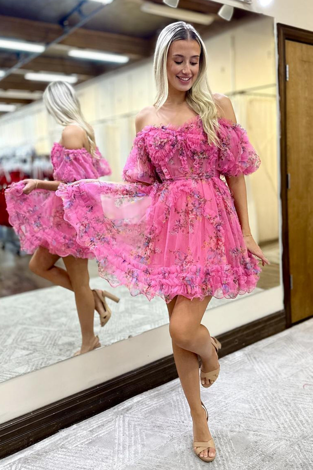 Blue Homecoming Dress Corset Off The Shoulder Floral A-Line Short Cocktail Dresses