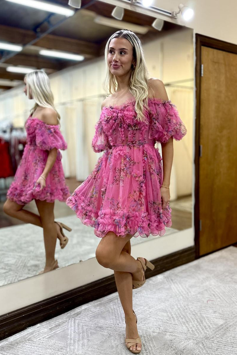 Blue Homecoming Dress Corset Off The Shoulder Floral A-Line Short Cocktail Dresses