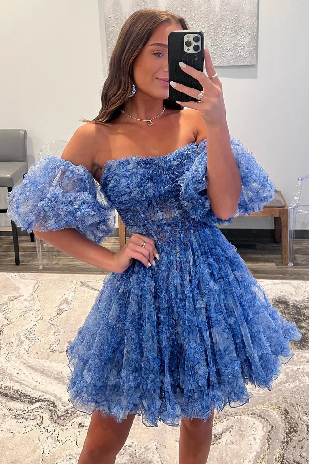 Blue Homecoming Dress Cute Puff Sleeves ruffle edge A Line Prints Short Party Cocktail Dress
