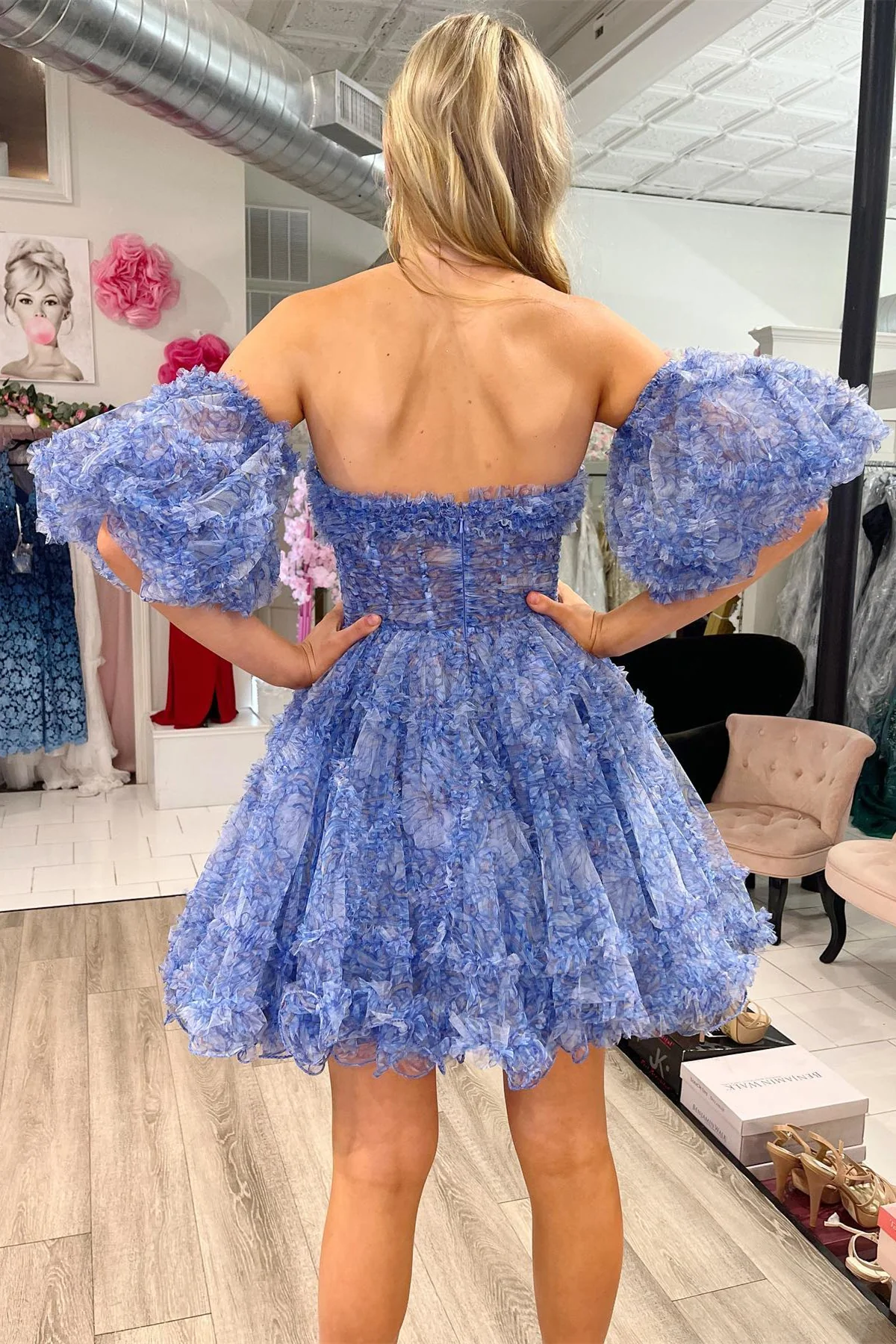 Blue Homecoming Dress Cute Puff Sleeves ruffle edge A Line Prints Short Party Cocktail Dress