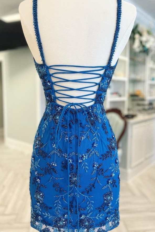 Blue Homecoming Dress Floral Lace Delicate Beading Lace Up Back Short Party Cocktail Dress