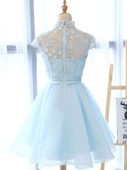 Blue Homecoming Dress High Neck Tulle Lace Short Party Cocktail Dress