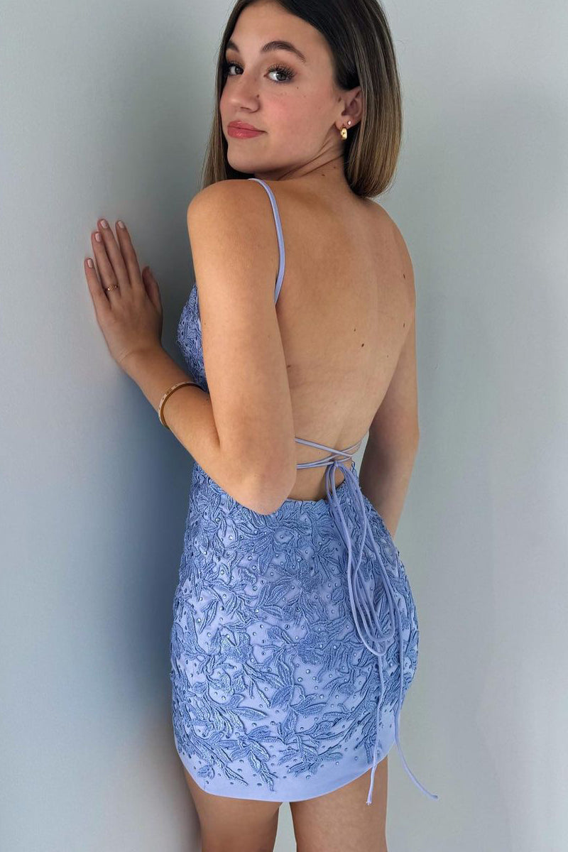 Blue Homecoming Dress Lace Appliques Short Party Cocktail Dress