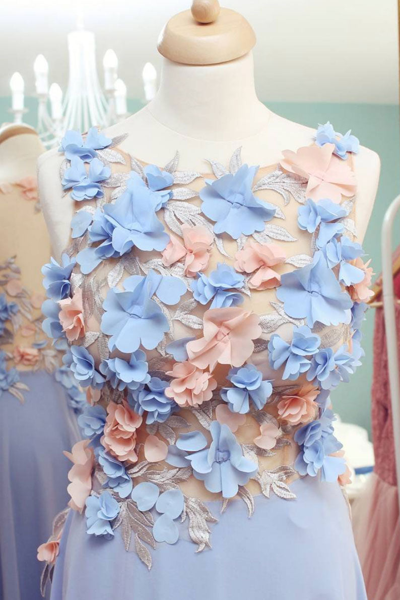 Blue Homecoming Dress Round Neck Chiffon 3D Applique Short Party Cocktail Dress