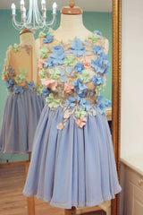 Blue Homecoming Dress Round Neck Chiffon 3D Applique Short Party Cocktail Dress