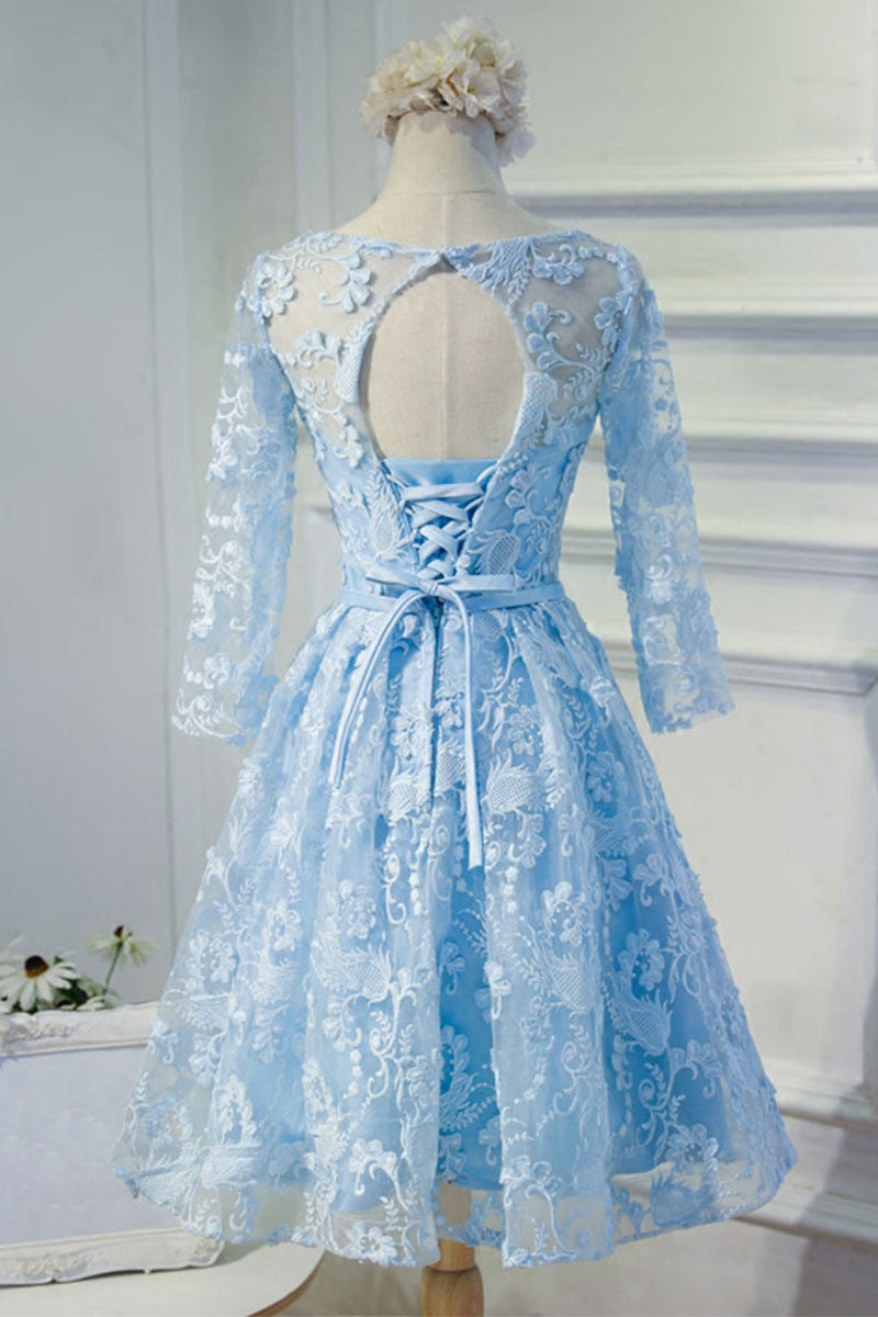Blue Homecoming Dress Round Neck Lace Short Party Cocktail Dress