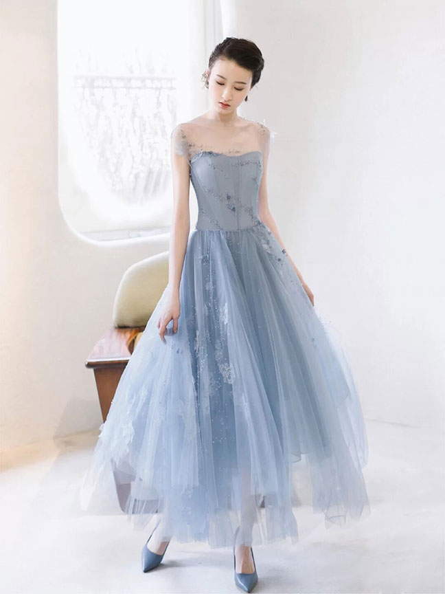 Blue Homecoming Dress Round Neck Tulle Tea Length Party Cocktail Dress