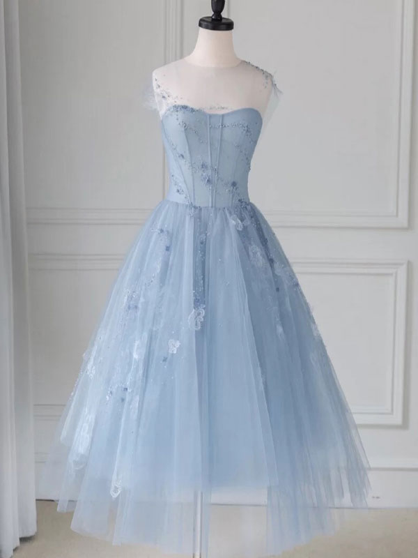 Blue Homecoming Dress Round Neck Tulle Tea Length Party Cocktail Dress