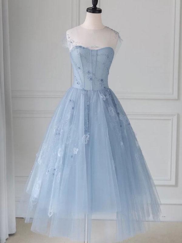 Blue Homecoming Dress Round Neck Tulle Tea Length Party Cocktail Dress Dressystars Blue Homecoming Dress Round Neck Tulle Tea Length Party Cocktail Dress Dressystars