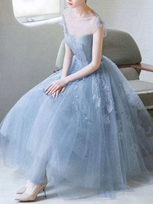 Blue Homecoming Dress Round Neck Tulle Tea Length Party Cocktail Dress