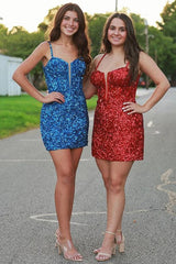 Blue Homecoming Dress Sequin Style Scoop Neck Lace Up Bodycon Fitting Short Party Cocktail Dress