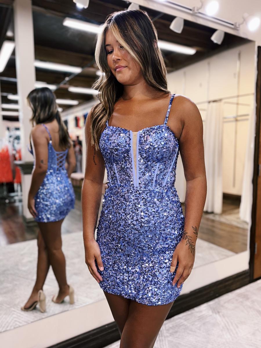 Blue Homecoming Dress Sequin Style Scoop Neck Lace Up Bodycon Fitting Short Party Cocktail Dress