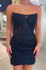 Blue Homecoming Dress Strapless Corset Tight Short Prom Dress