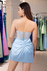 Blue Homecoming Dress Strapless Corset Tight Short Prom Dress with Sequin