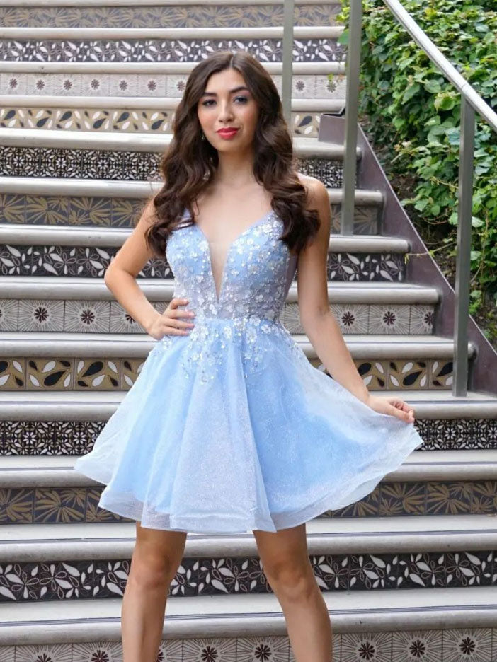 Blue Homecoming Dress V Neck Tulle Lace Short Party Cocktail Dress