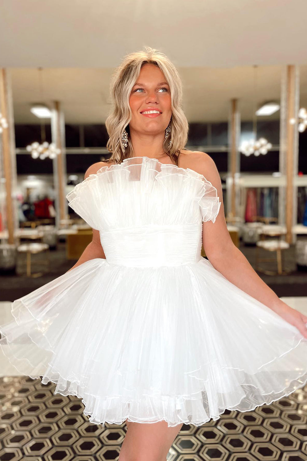 Blue Homecoming Dresses A-Line Strapless Ruffled Short Cocktail Dresses