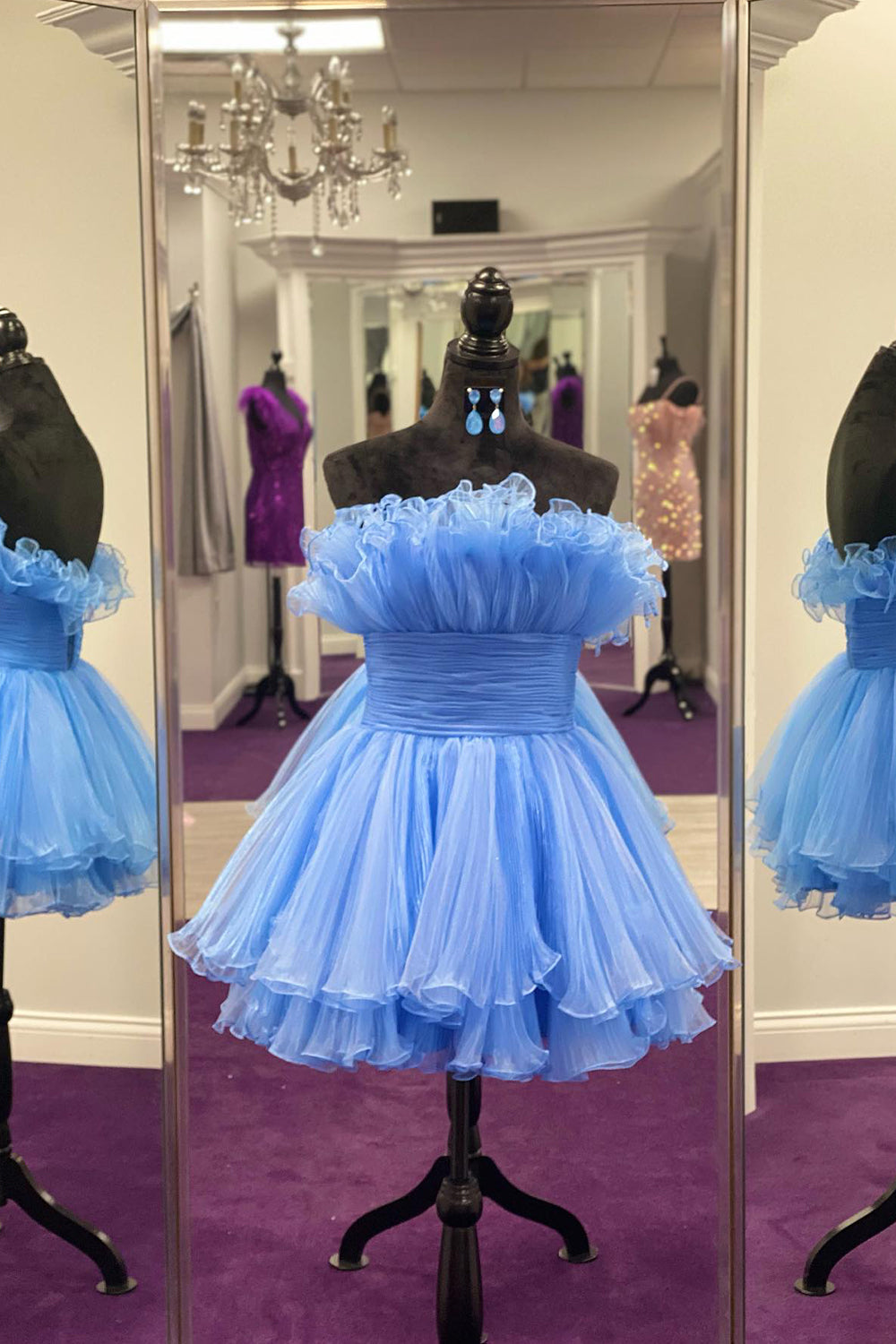 Blue Homecoming Dresses A-Line Strapless Ruffled Short Cocktail Dresses