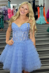 Blue Homecoming Dresses A Line Strapless Tiered Short Cocktail Dresses With Appliques