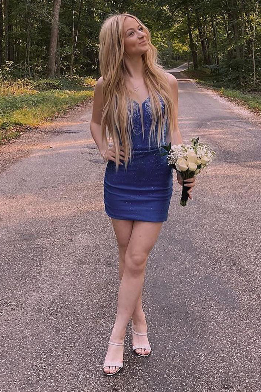 Blue Homecoming Dresses Beaded Corset Lace-Up Back Tight Short Cocktail Dresses