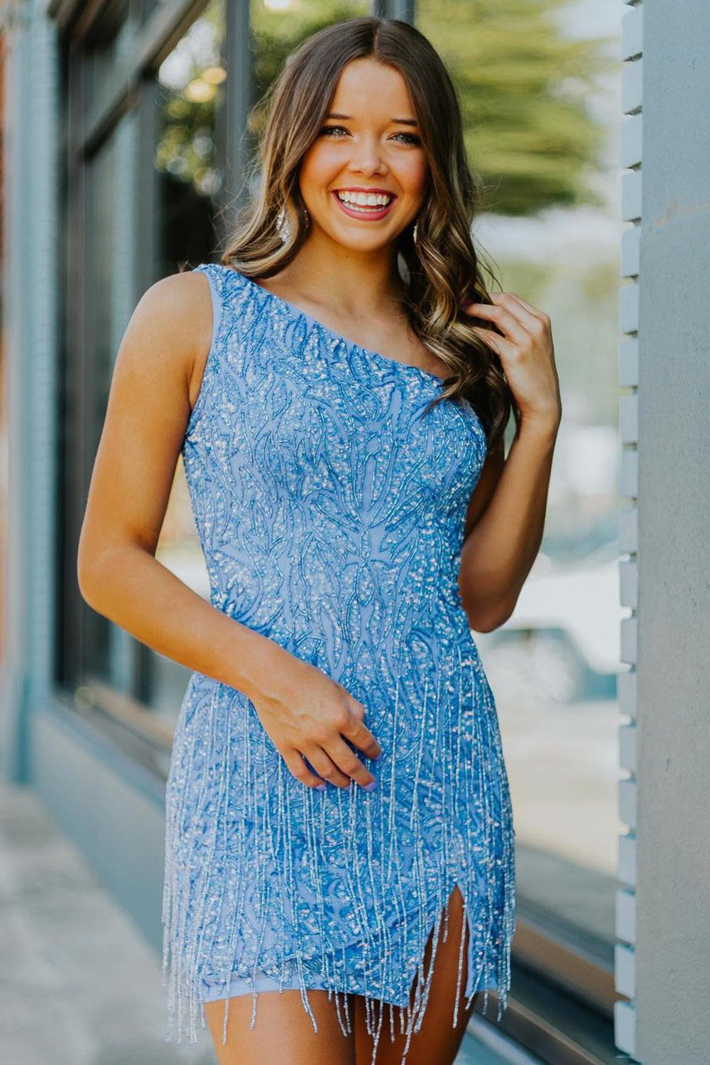 Blue Homecoming Dresses Beaded Fringed Tight Short Cocktail Dresses