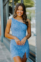 Blue Homecoming Dresses Beaded Fringed Tight Short Cocktail Dresses