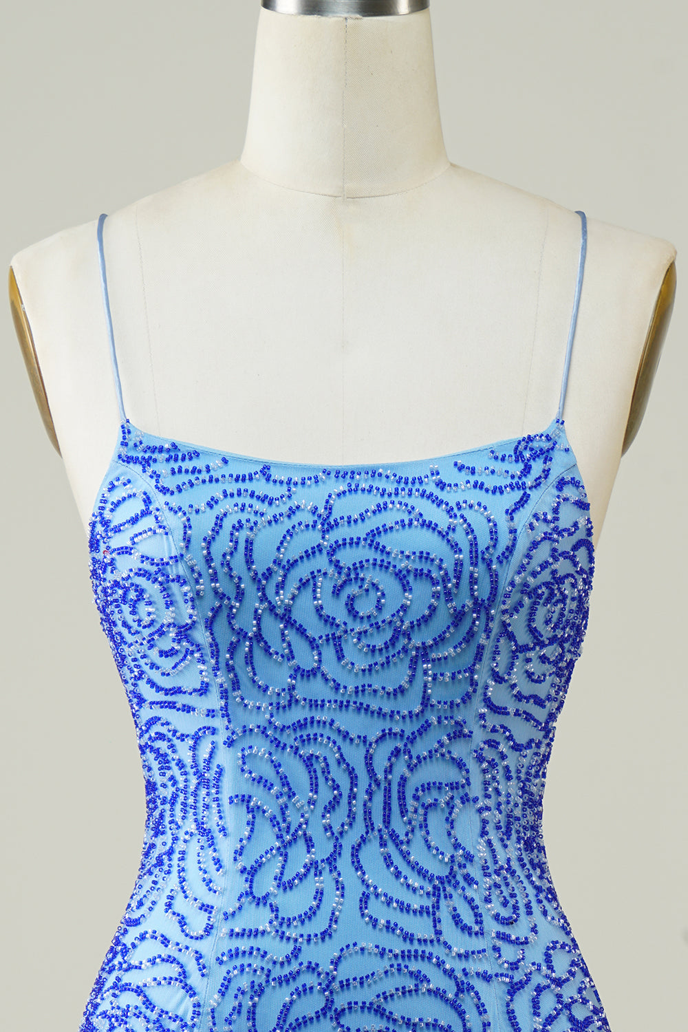 Blue Homecoming Dresses Beaded Lace-Up Back Tight Short Cocktail Dresses