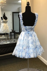 Blue Homecoming Dresses Corset A Line Floral Printed Short Cocktail Dresses