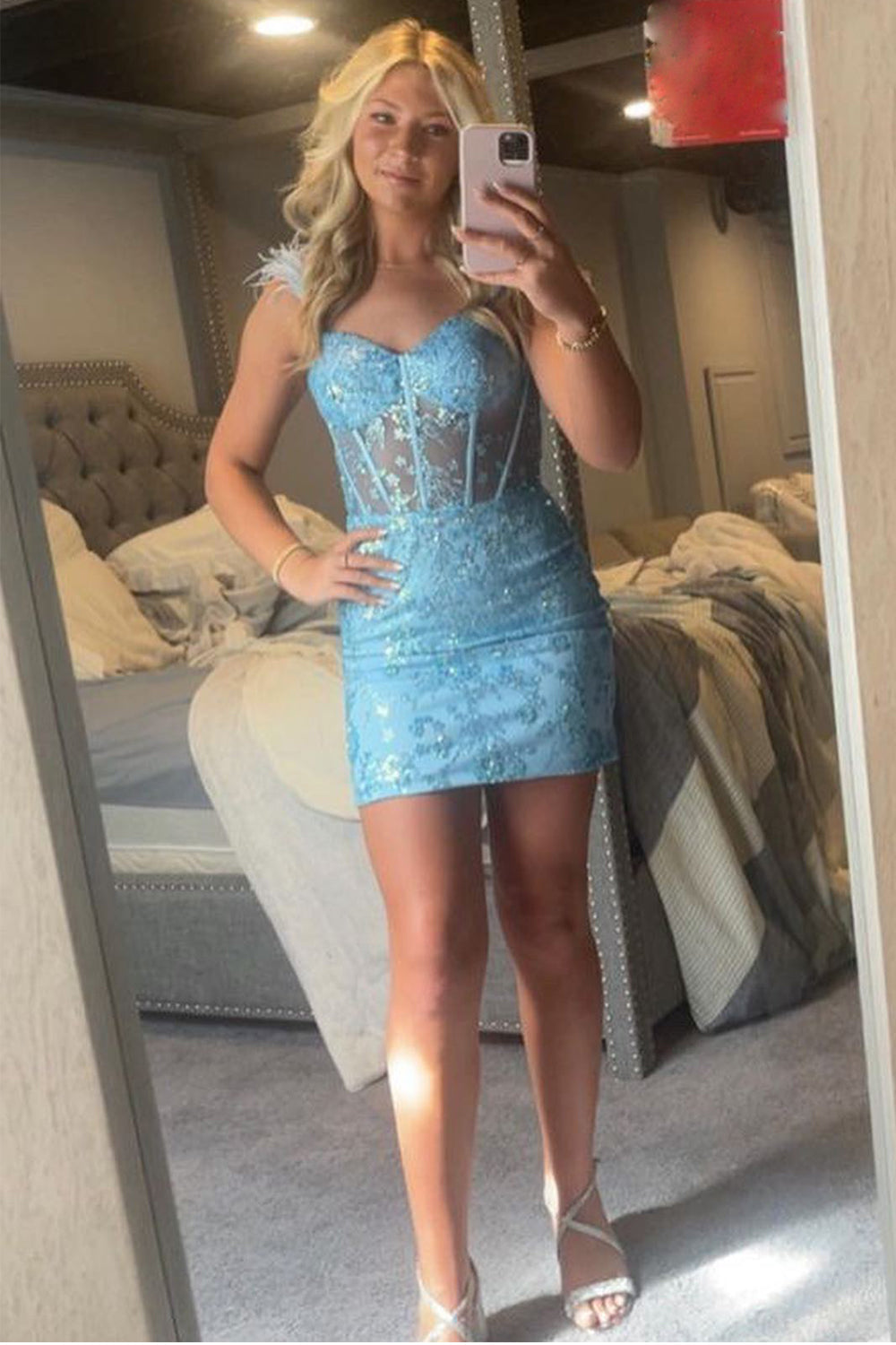 Blue Homecoming Dresses Corset Sequin Tight Short Cocktail Dresses With Feathers
