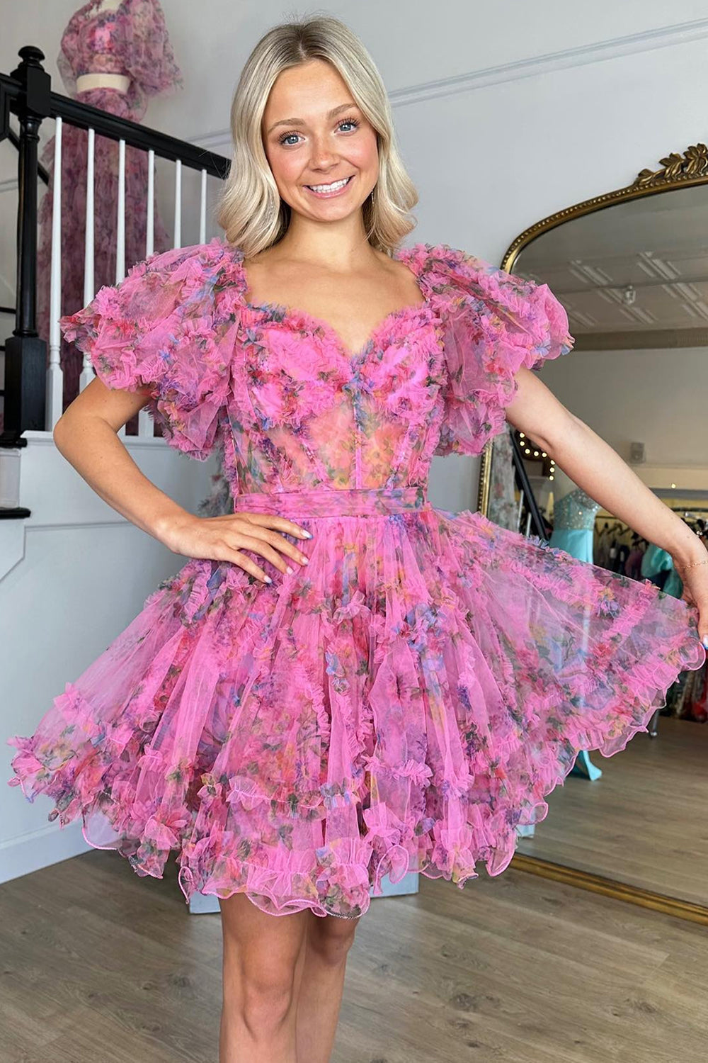 Blue Homecoming Dresses Floral Corset A-Line Short Cocktail Dresses