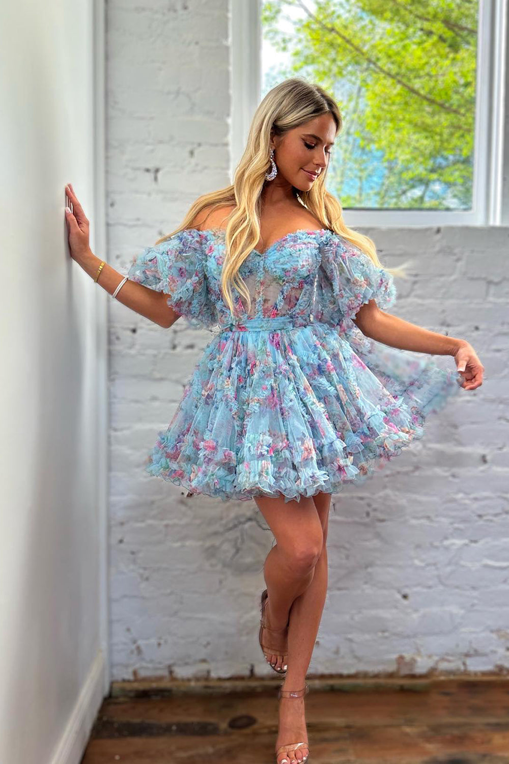 Blue Homecoming Dresses Floral Corset A-Line Short Cocktail Dresses