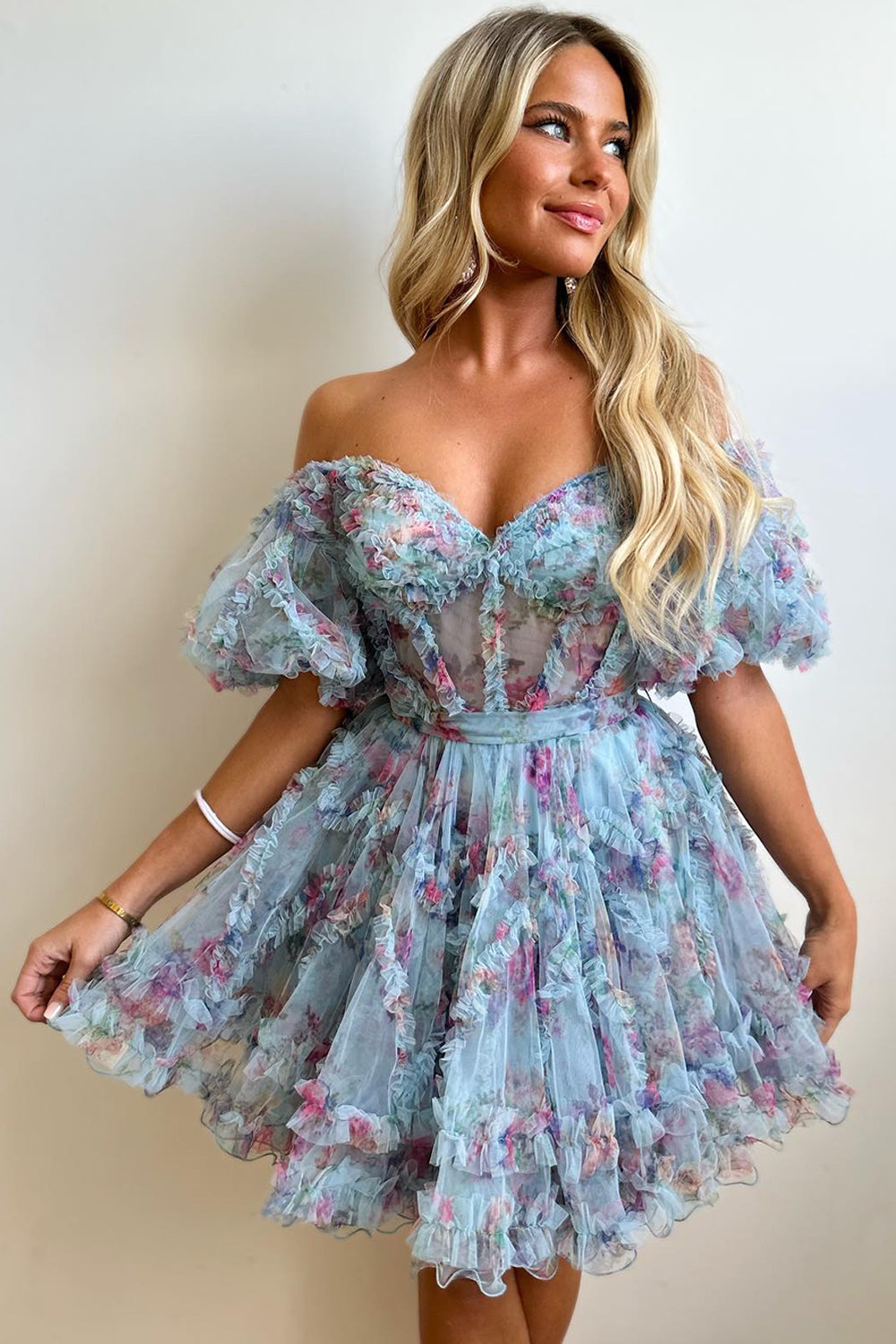 Blue Homecoming Dresses Floral Corset A-Line Short Cocktail Dresses