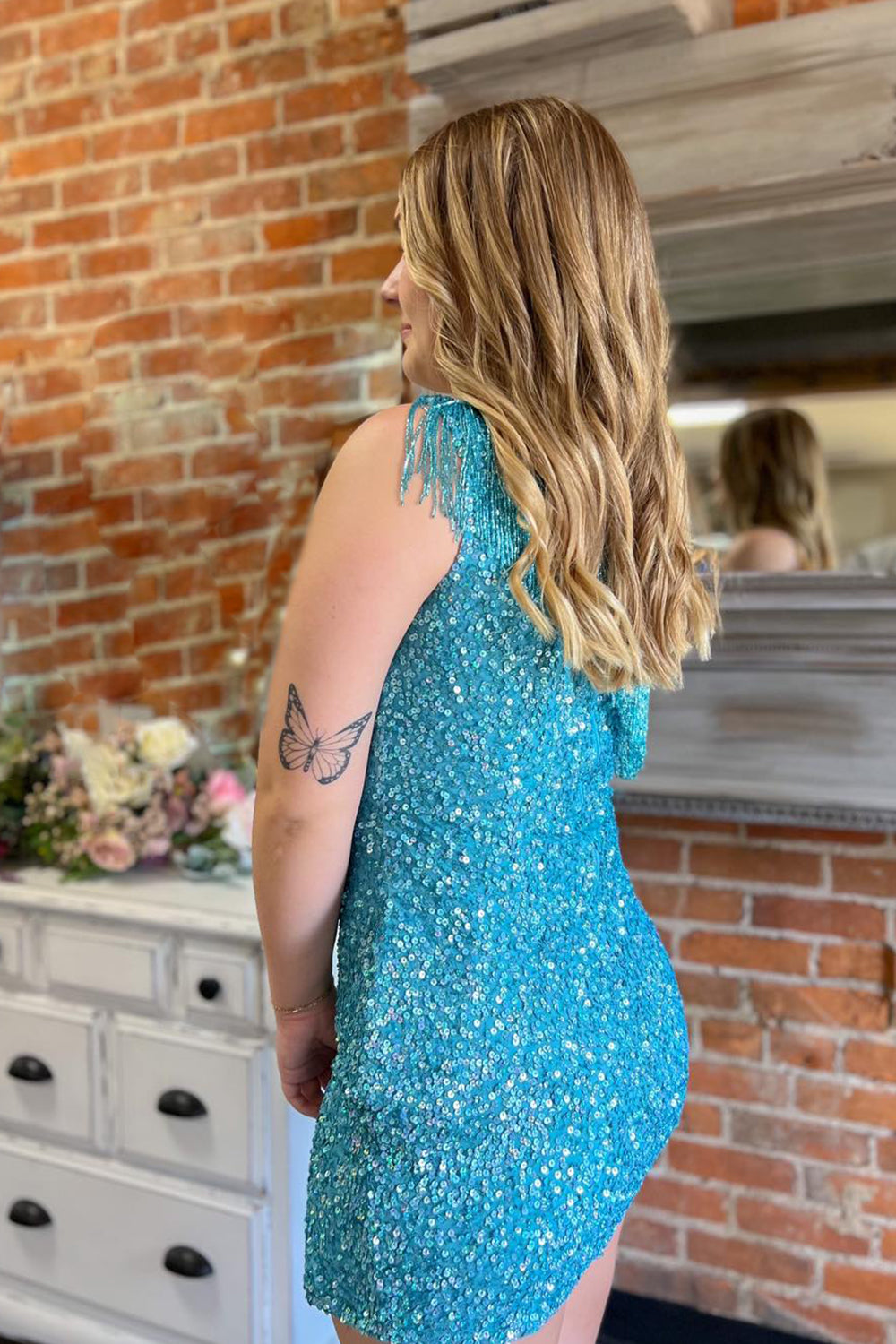 Blue Homecoming Dresses Fringed One Shoulder Tight Sequin Short Cocktail Dresses