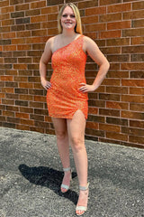 Blue Homecoming Dresses Fringed One Shoulder Tight Sequin Short Cocktail Dresses