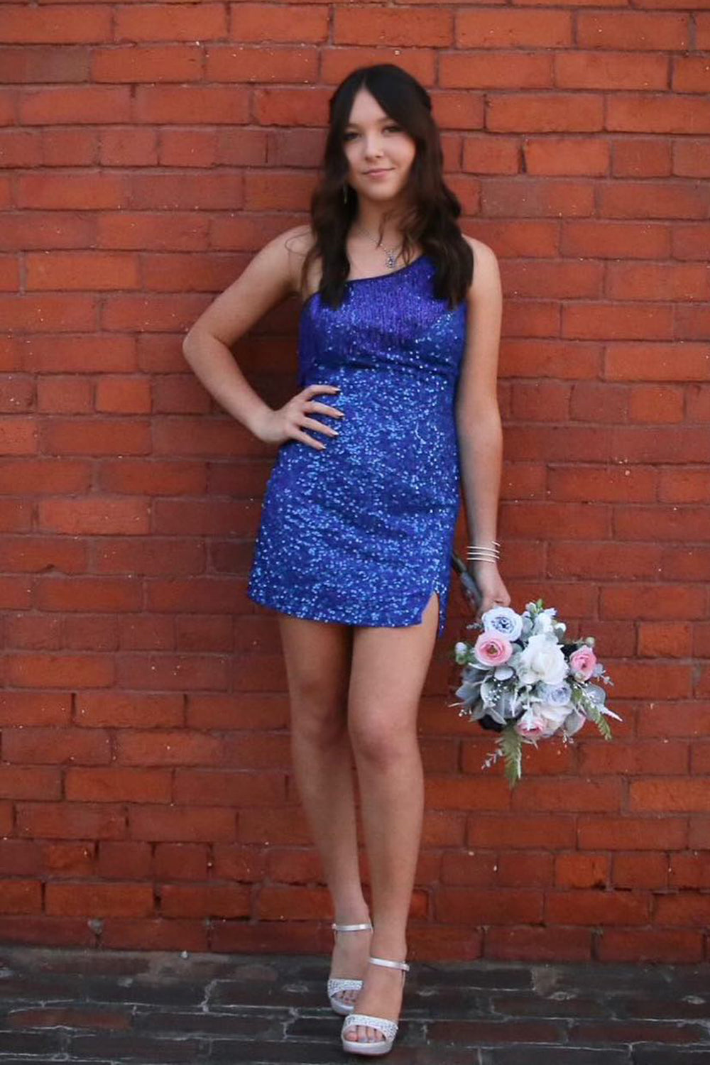 Blue Homecoming Dresses Fringed One Shoulder Tight Sequin Short Cocktail Dresses