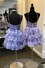 Blue Homecoming Dresses Halter A Line Tiered Floral Printed Cocktail Dresses