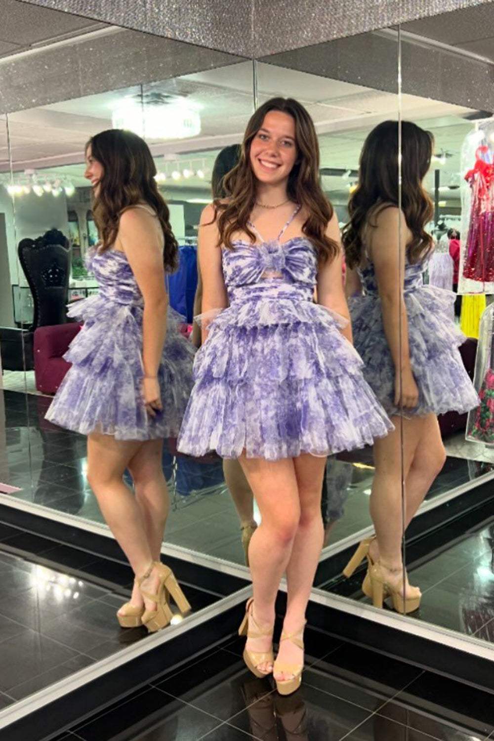 Blue Homecoming Dresses Halter A Line Tiered Floral Printed Cocktail Dresses