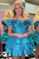 Blue Homecoming Dresses Off The Shoulder Corset Short Cocktail Dresses With Ruffles