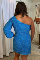 Blue Homecoming Dresses One Shoulder Sequin Tight Cocktail Dresses