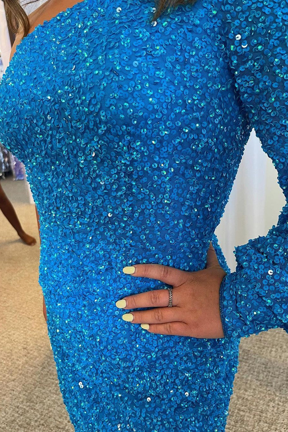 Blue Homecoming Dresses One Shoulder Sequin Tight Cocktail Dresses