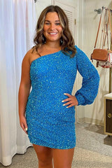 Blue Homecoming Dresses One Shoulder Sequin Tight Cocktail Dresses