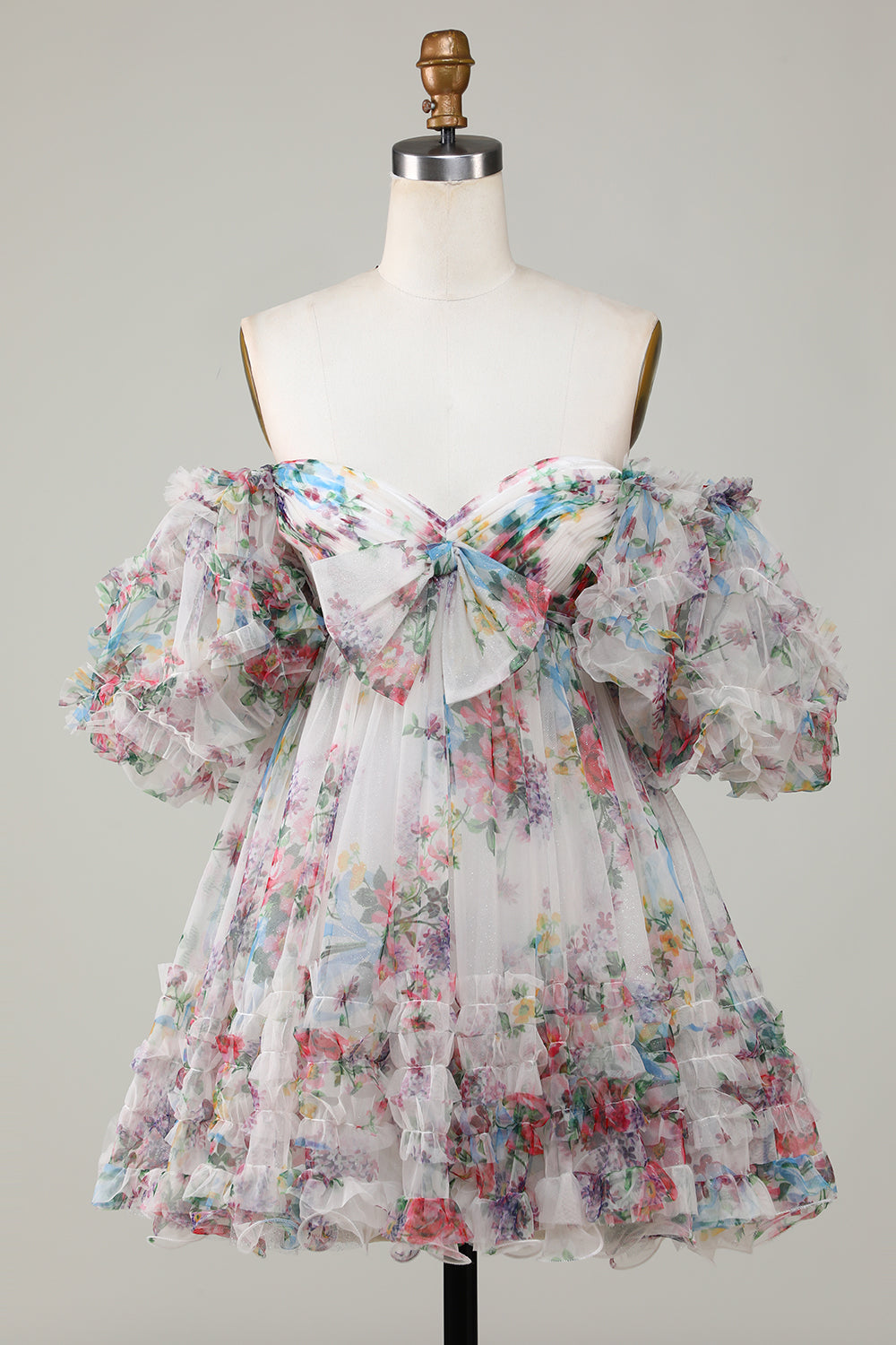 Blue Homecoming Dresses Puff Sleeves A-Line Floral Short Cocktail Dresses with Ruffles